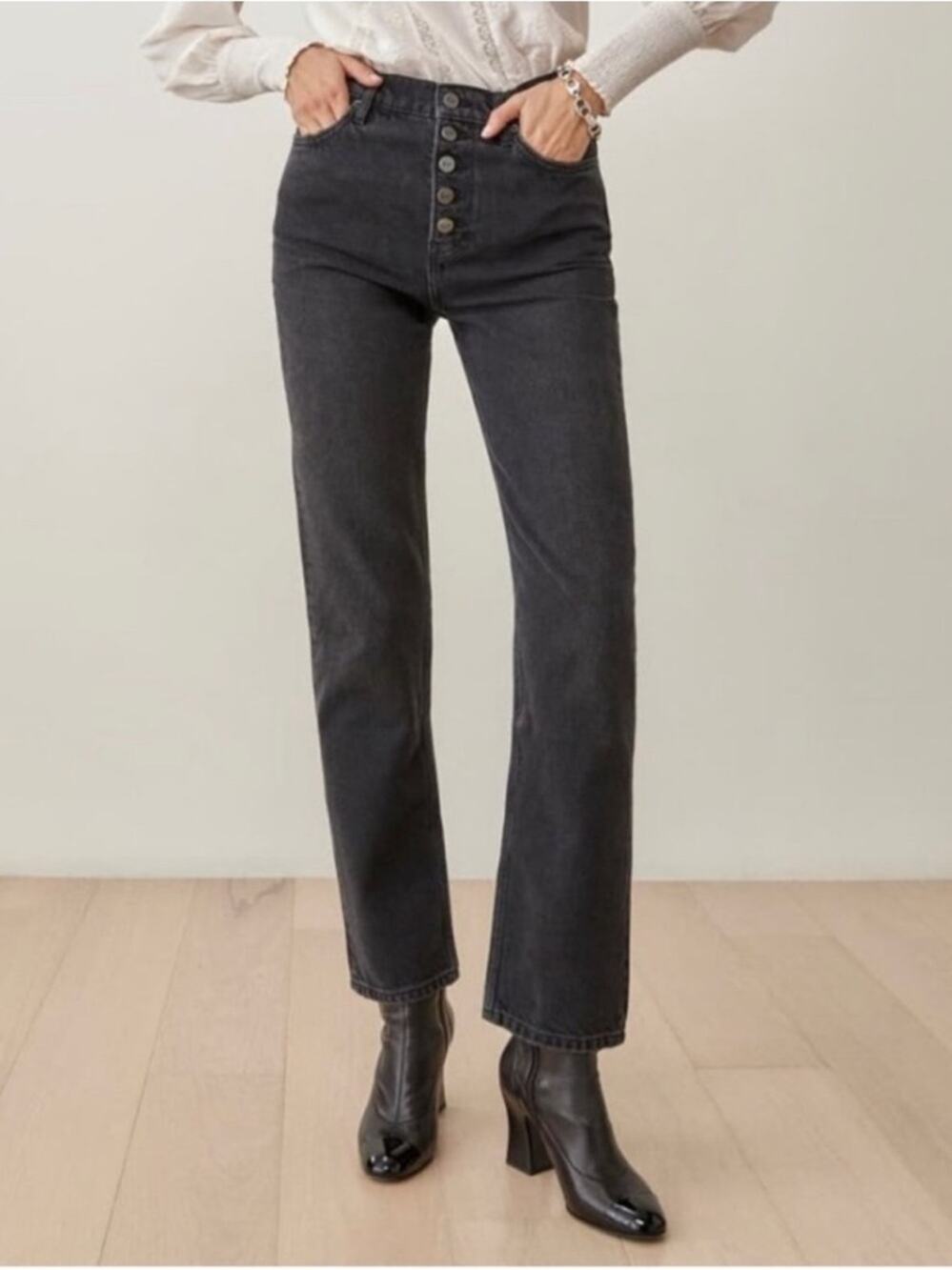 Reformation Cynthia Button Fly High Rise Straight Jean Black Size 23